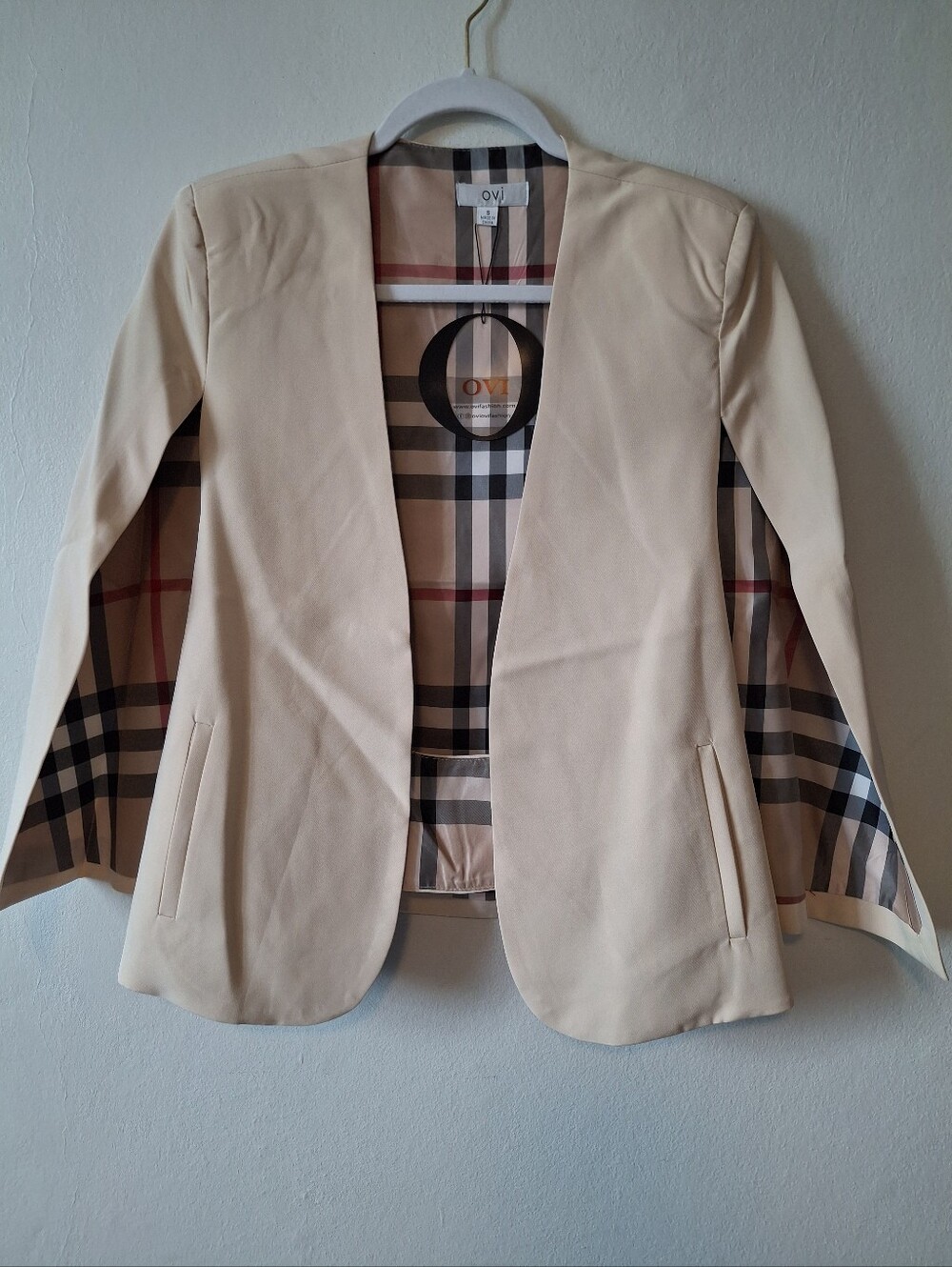 Ovi Cream Open-Front Cape  Blazer with Plaid Liningovo